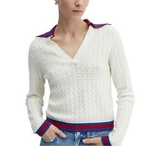MNG Mango White Crochet Knit Long Sleeve Polo Sweater XXS